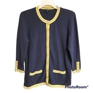 Talbots navy blue and yellow button front cardigan